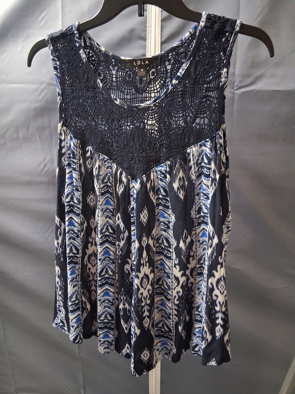 LDLA Navy and White Crochet Yoke Printed Sleeveless Tank